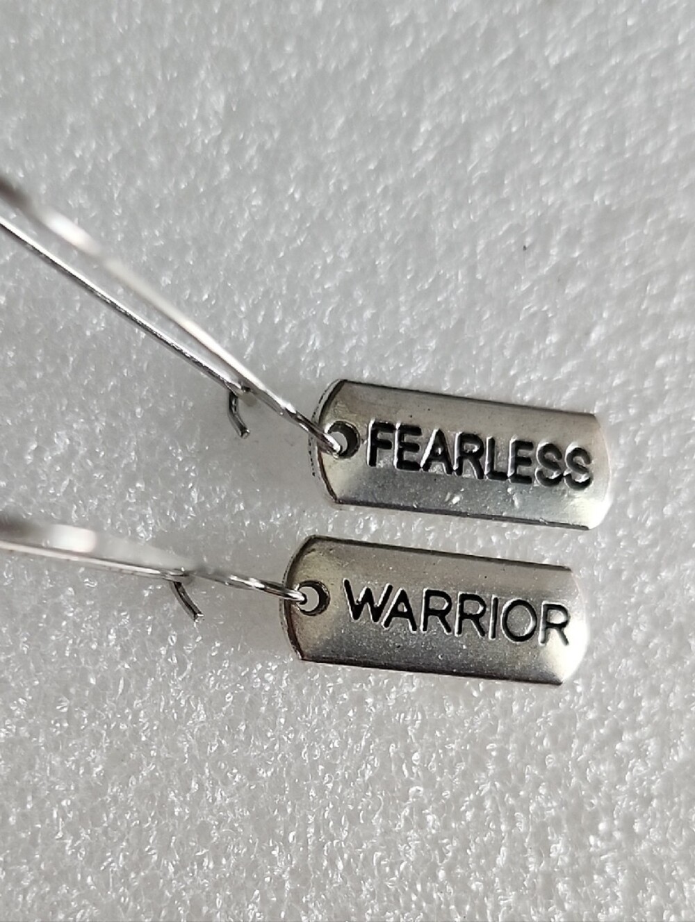 Hand Crafted Silver 'Fearless' and 'Warrior' Tag Earrings